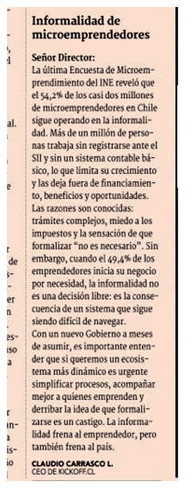 Recorte de Diario Financiero, 18 de diciembre de 2025: carta al director 'Informalidad de microemprendedores', firmada por Claudio Carrasco L., CEO de Kickoff.cl.
